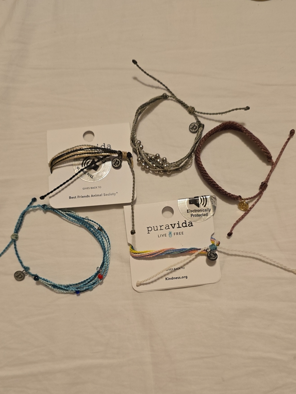 Pura Vida Lot Of 5 Bracelets Blue, Gray, Pink, Cream, Yellow, Purple And Green